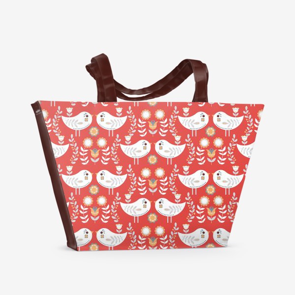 Пляжная сумка «Маленькие белые пташки с цветами на красном фоне. Скандинавский стиль.»