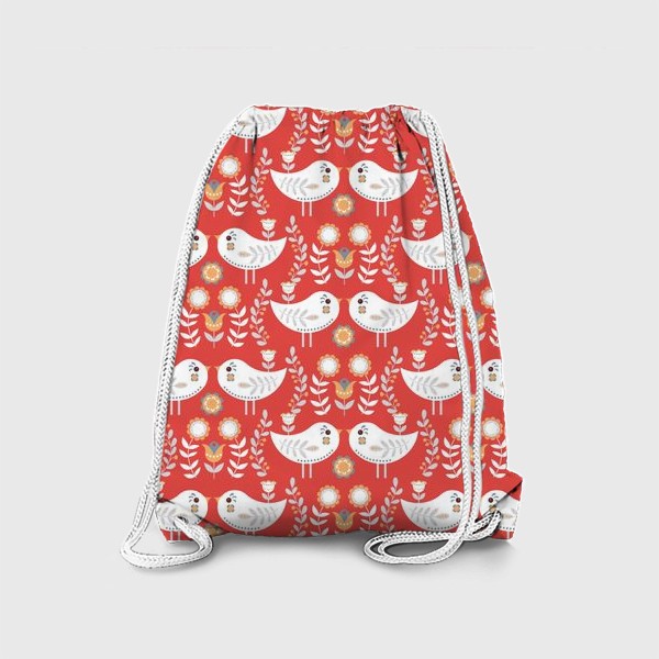 Рюкзак «Маленькие белые пташки с цветами на красном фоне. Скандинавский стиль.»