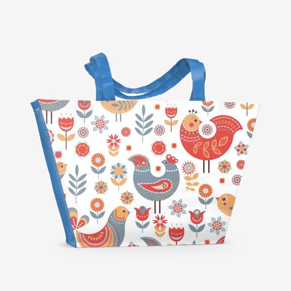 Пляжная сумка &laquo;Птички с орнаментом, цветы на белом фоне. Скандинавский стиль.&raquo;