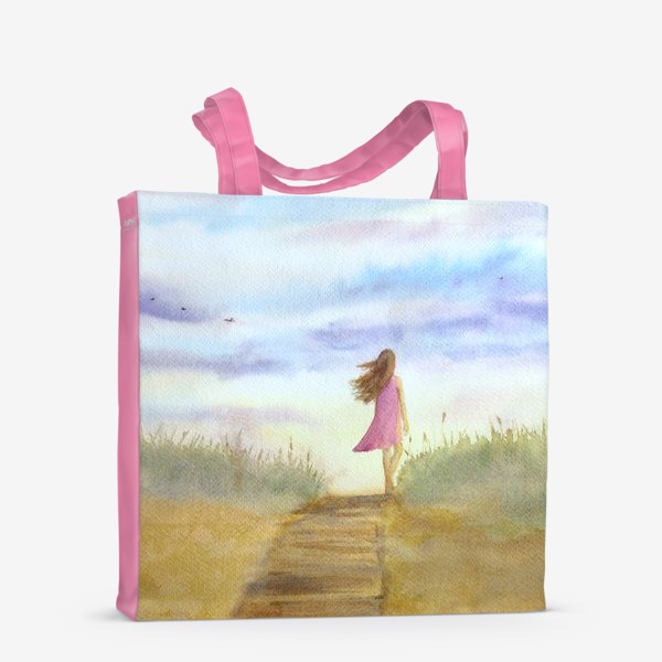 Сумка-шоппер &laquo;"Путь к себе". (Девушка идущая по пляжу на фоне заката). Картина акварель. Лето, море, отдых &raquo;