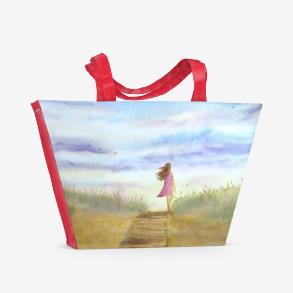 Пляжная сумка «"Путь к себе". (Девушка идущая по пляжу на фоне заката). Картина акварель. Лето, море, отдых »