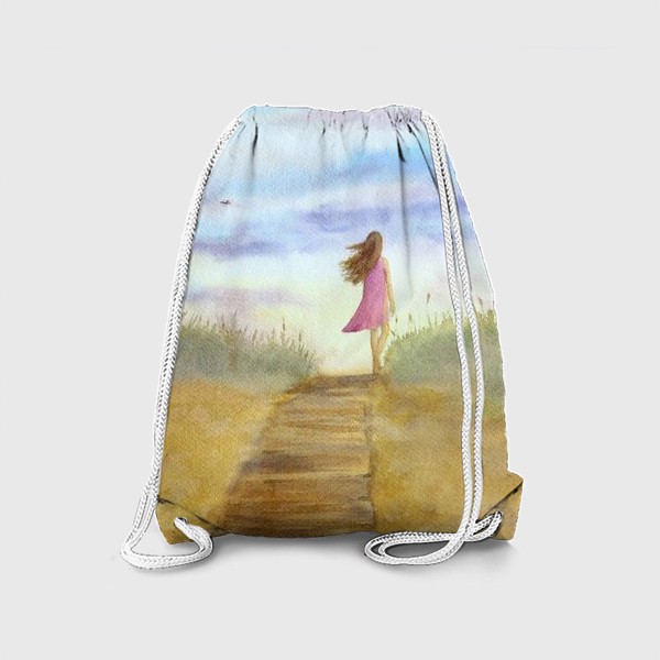 Рюкзак «"Путь к себе". (Девушка идущая по пляжу на фоне заката). Картина акварель. Лето, море, отдых »