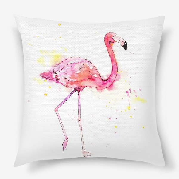 Подушка «Розовый фламинго. Летний акварельный тропический скетч на белом фоне»