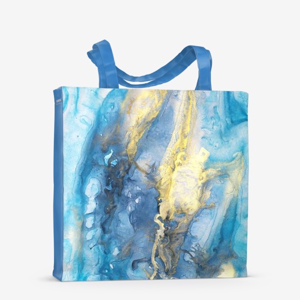 Сумка-шоппер «Море. Абстракция, современная авторская акварель, жидкая техника. Голубой и золотой цвета, небо, звезды»