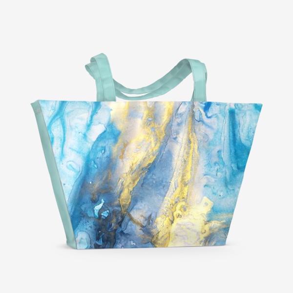 Пляжная сумка «Море. Абстракция, современная авторская акварель, жидкая техника. Голубой и золотой цвета, небо, звезды»