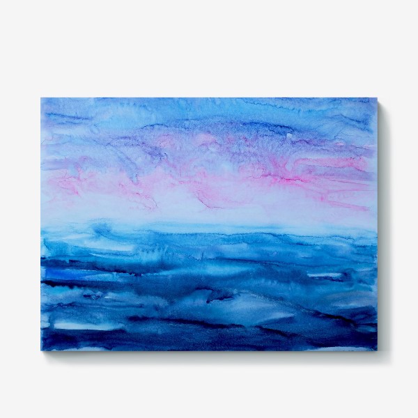 Холст «Закат на море. Абстракция, современная акварель, жидкая техника, голубой и розовый цвета, волны, небо, лето»