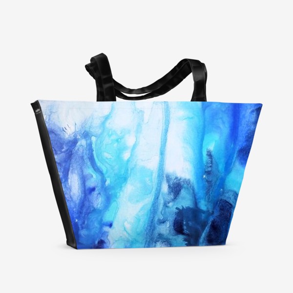 Пляжная сумка «Море, волны. Абстракция, современная акварель, жидкая техника, переливы синего, голубого, белого цвета»