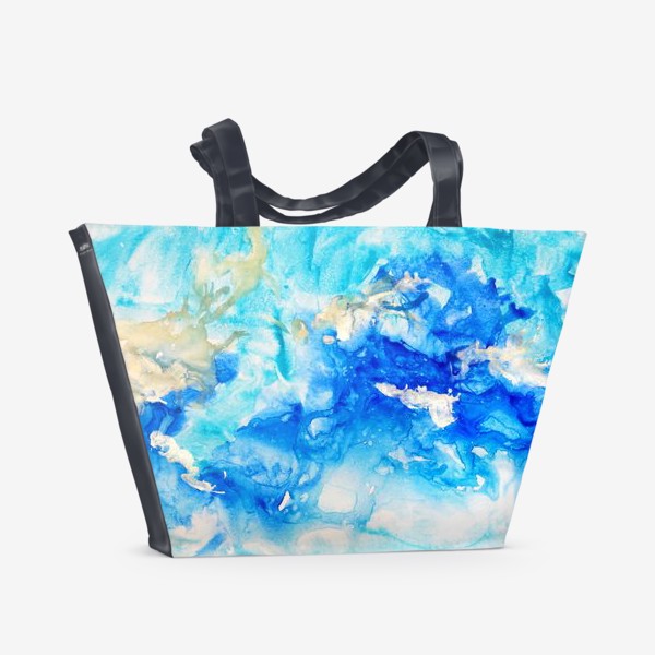 Пляжная сумка «Облака и  голубое небо. Абстракция, современная акварель, жидкая техника, переливы, голубого, белого, золотого цвета»