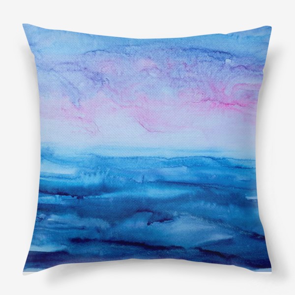 Подушка «Закат на море. Абстракция, современная акварель, жидкая техника, голубой и розовый цвета, волны, небо, лето»