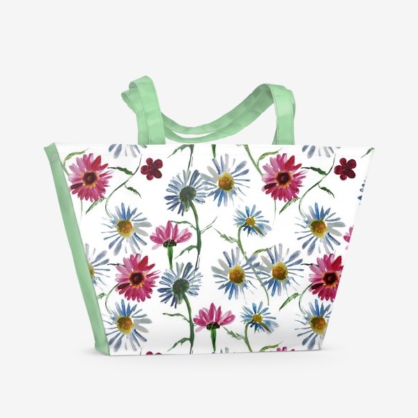 Пляжная сумка «Поле голубых и розовых ромашек»