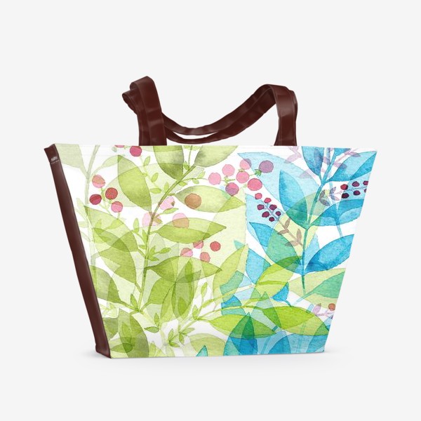 Пляжная сумка «Паттерн из зеленых и голубых акварельных листьев с красными ягодами»
