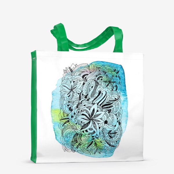 Сумка-шоппер «Графика и акварель. Абстрактные цветы на голубом фоне.»