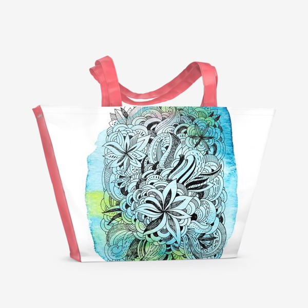 Пляжная сумка &laquo;Графика и акварель. Абстрактные цветы на голубом фоне.&raquo;