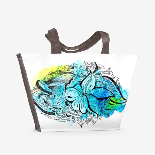Пляжная сумка &laquo;Графика и акварель. Абстрактный цветок на голубом фоне.&raquo;