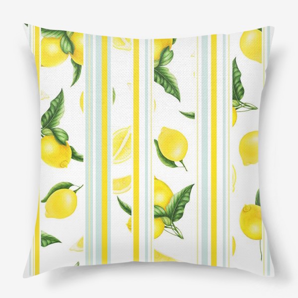 Подушка «Сочные желтые лимоны на полосатом фоне»