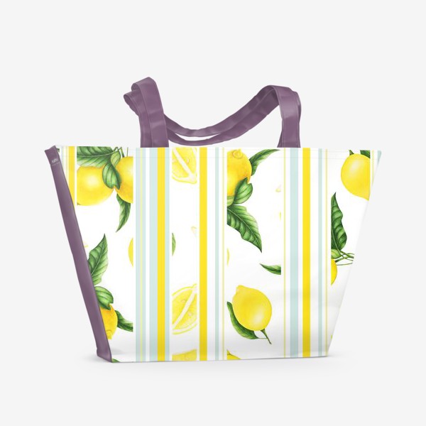 Пляжная сумка «Сочные желтые лимоны на полосатом фоне»