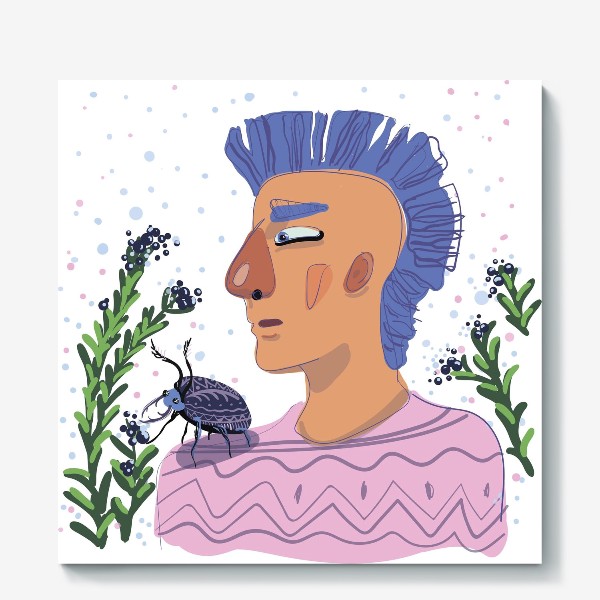 Холст «Синеволосый парень с большим жуком на плече/Blue-haired boy with a big beetle on his shoulder»