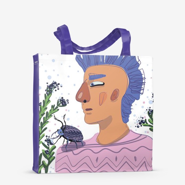 Сумка-шоппер «Синеволосый парень с большим жуком на плече/Blue-haired boy with a big beetle on his shoulder»