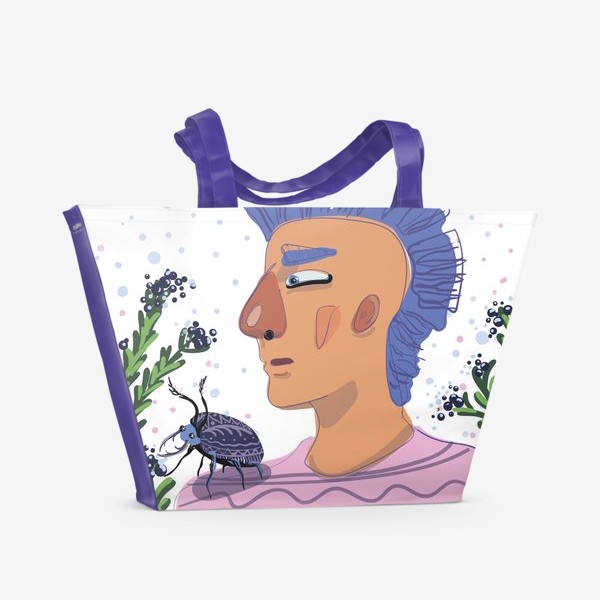 Пляжная сумка &laquo;Синеволосый парень с большим жуком на плече/Blue-haired boy with a big beetle on his shoulder&raquo;