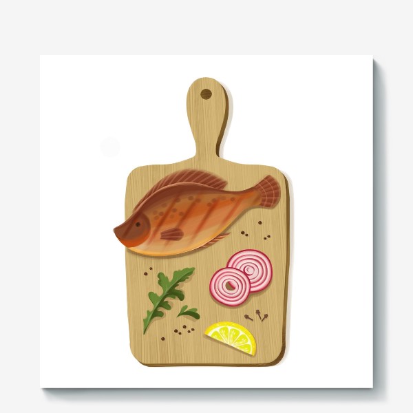 Холст «Кухонный натюрморт - рыба, лук и лимон на деревянной доске»