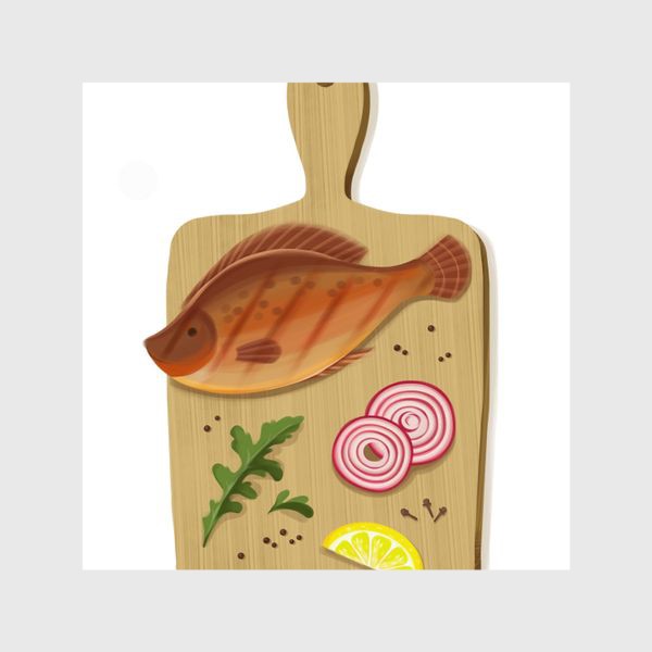Шторы «Кухонный натюрморт - рыба, лук и лимон на деревянной доске»