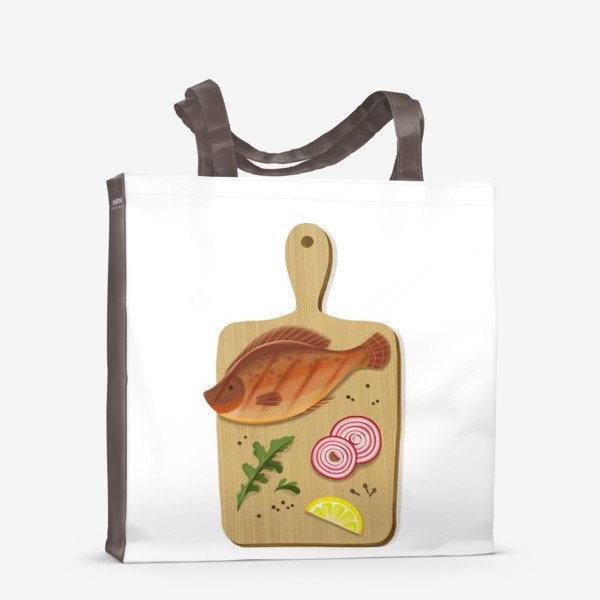 Сумка-шоппер «Кухонный натюрморт - рыба, лук и лимон на деревянной доске»