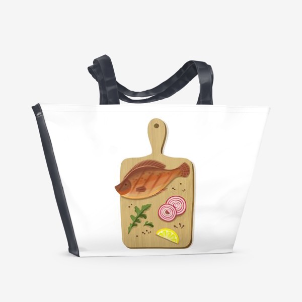 Пляжная сумка «Кухонный натюрморт - рыба, лук и лимон на деревянной доске»