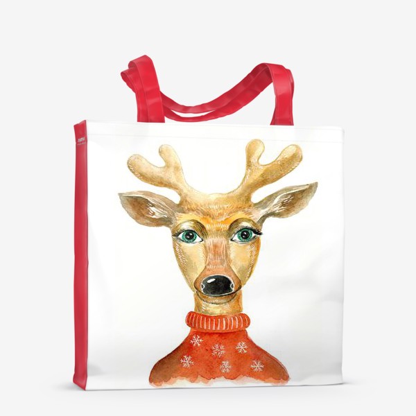 Сумка-шоппер «Милый олень в красном свитере со снежинками»