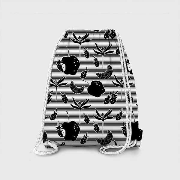 Рюкзак «Паттерн с круассаном, яблоками, клубникой и  цветами. Черно-белый.»