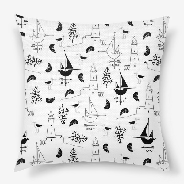 Подушка «Морской паттерн с чайками, маяком, ракушками, корабликом.»