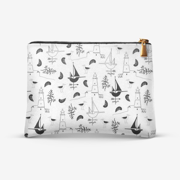 Косметичка «Морской паттерн с чайками, маяком, ракушками, корабликом.»