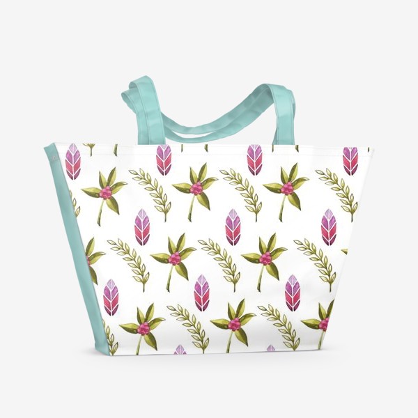 Пляжная сумка «Зеленое и розовое, летние растения, паттерн»