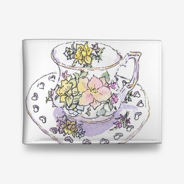 Кошелек «Фарфоровая чашка с цветочным узором. Чайная кружка. Цветы, акварельный скетч»