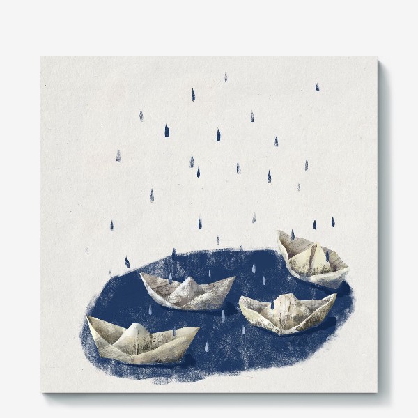 Холст «Бумажные кораблики в лужах под дождём.»