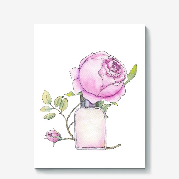 Холст «Английская розовая роза и флакон духов. Акварельный скетч на белом фоне»