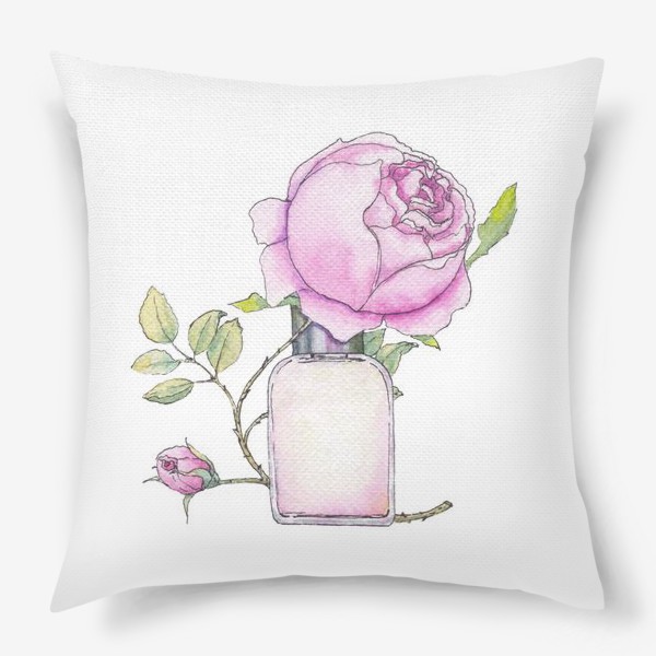 Подушка &laquo;Английская розовая роза и флакон духов. Акварельный скетч на белом фоне&raquo;