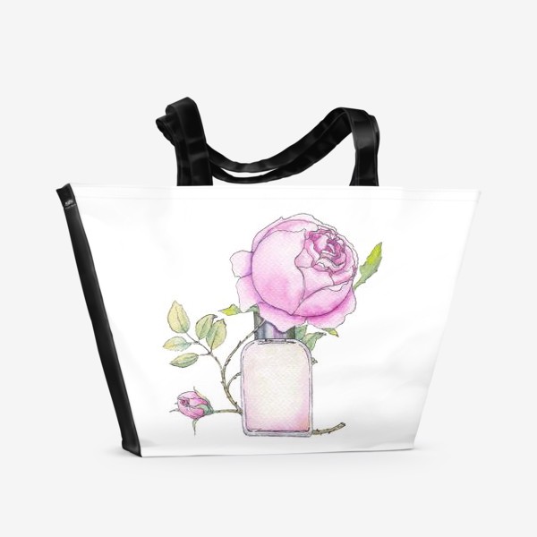 Пляжная сумка &laquo;Английская розовая роза и флакон духов. Акварельный скетч на белом фоне&raquo;