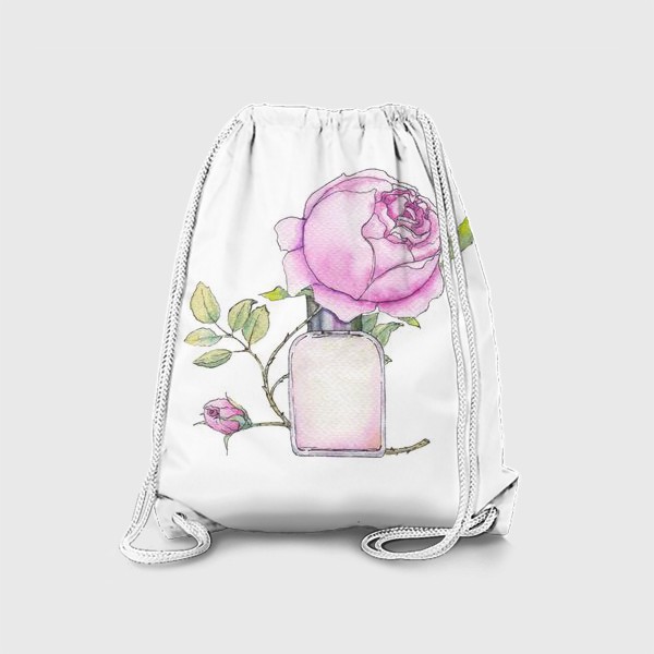 Рюкзак «Английская розовая роза и флакон духов. Акварельный скетч на белом фоне»