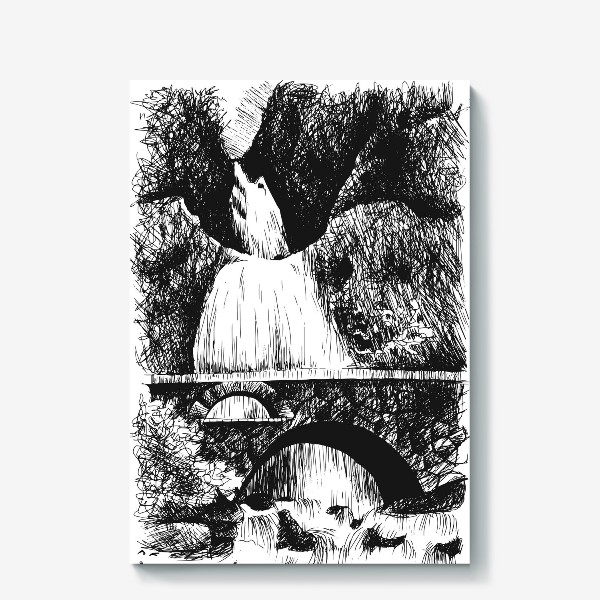 Холст «Мост на водопаде в горах»
