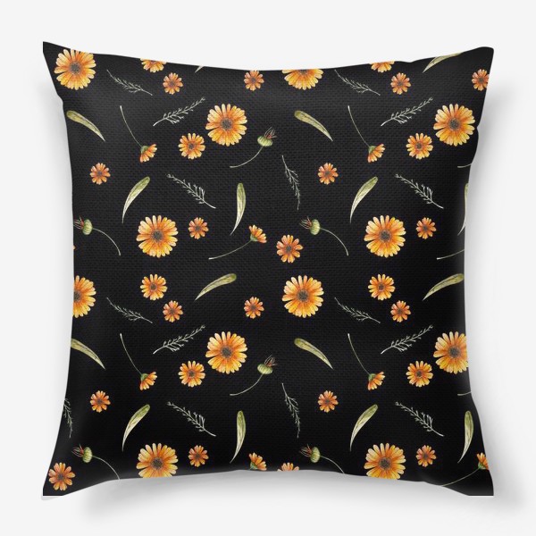 Подушка «Оранжевые цветы. Акварельный бесшовный паттерн на черном фоне»