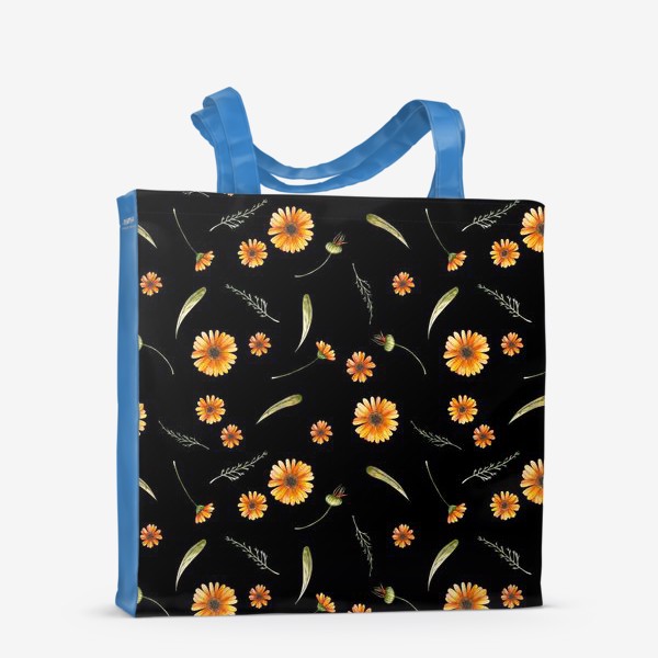 Сумка-шоппер «Оранжевые цветы. Акварельный бесшовный паттерн на черном фоне»