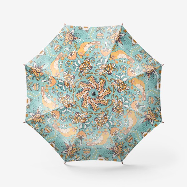 Зонт «Мятный радужный паттерн с птичкой, грибом, бабочкой и другими :)»