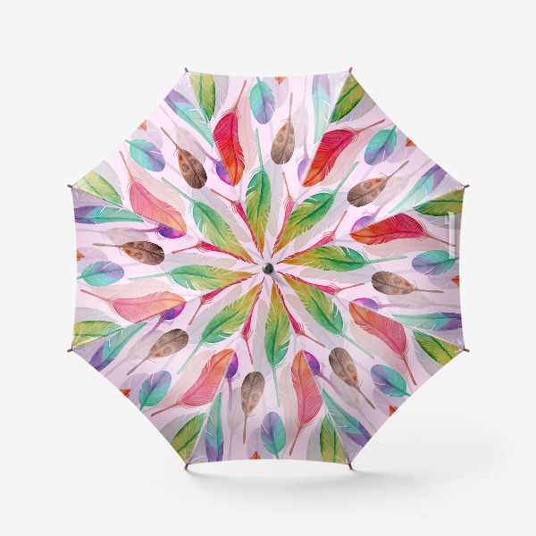 Зонт «Разноцветные акварельные перья на розовом фоне»