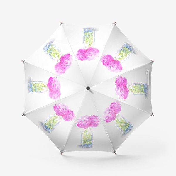 Зонт «Пионы в банке. Букет розовых цветов, летний акварельный абстрактный принт на белом фоне»