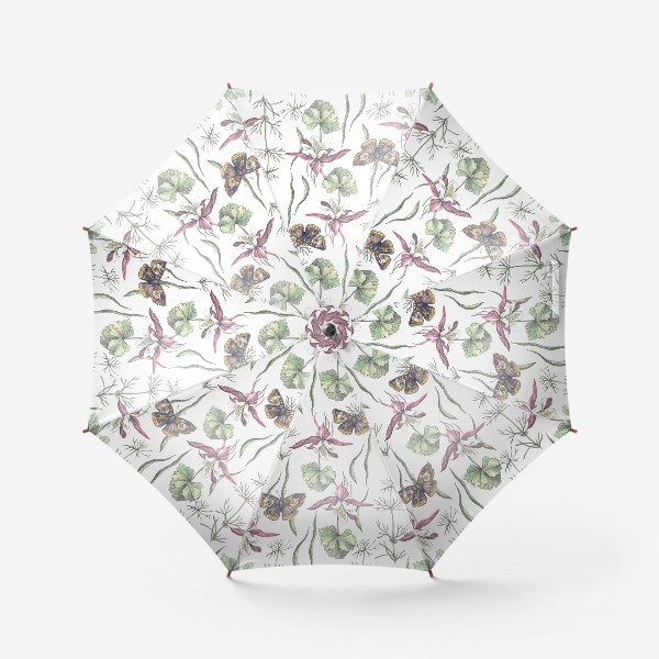 Зонт «Ботанический паттерн с цветами, травами и бабочками»