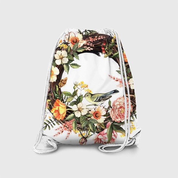 Рюкзак «Акварельный весенний венок с птичкой и цветами»