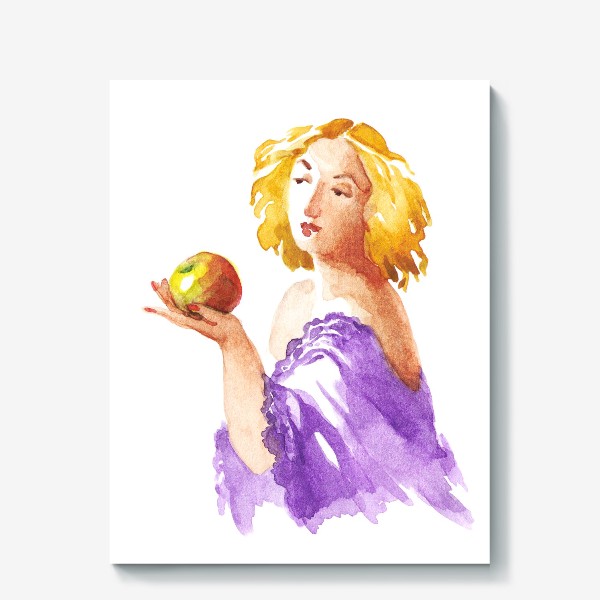 Холст «Девушка с яблоком в фиолетовом платье, ретро, винтаж»