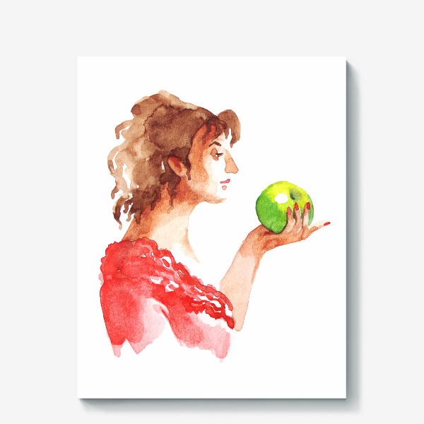 Холст «Девушка в красном платье с яблоком, винтаж, ретро»
