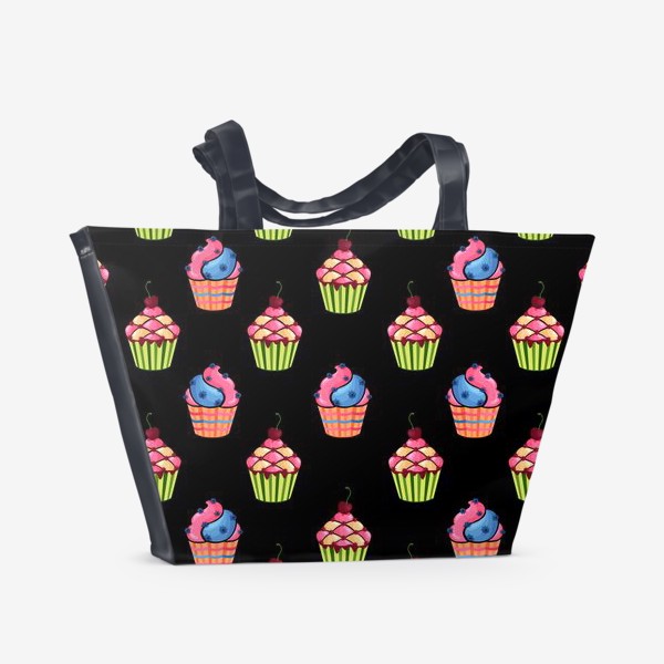 Пляжная сумка «Цветные пирожные на темном фоне»