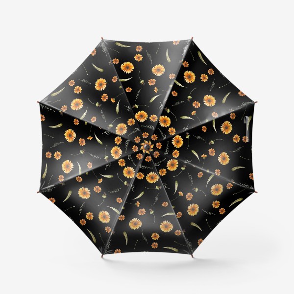 Зонт «Оранжевые цветы. Акварельный бесшовный паттерн на черном фоне»